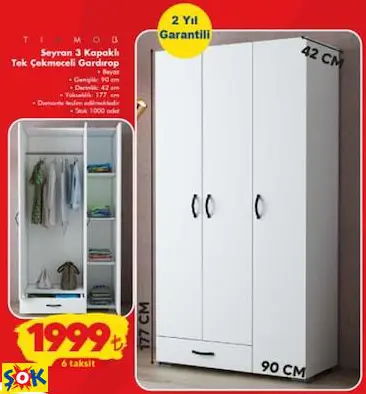 TİAMOB SEYRAN 3 KAPAKLI TEK ÇEKMECELİ GARDIROP